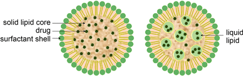 固体脂质纳米颗粒（左）和纳米结构脂质载体（右）的示意图